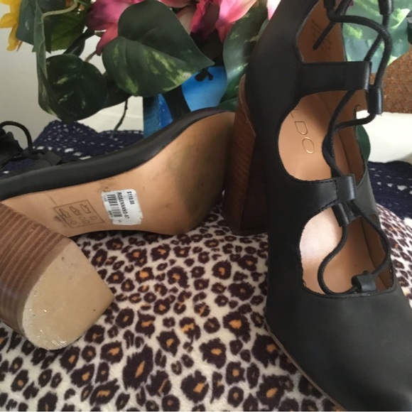 HP-ALDO BLACK LEATHER TIE LACE 4” BLOCK SQUARE HEEL SHOES/ NEW CONDITION /SIZE 6 - Picture 9 of 12